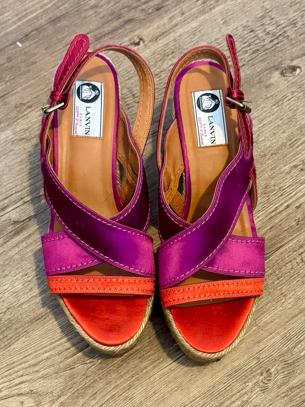 Lanvin Purple and Red Satin Slingback Wedge Sandals